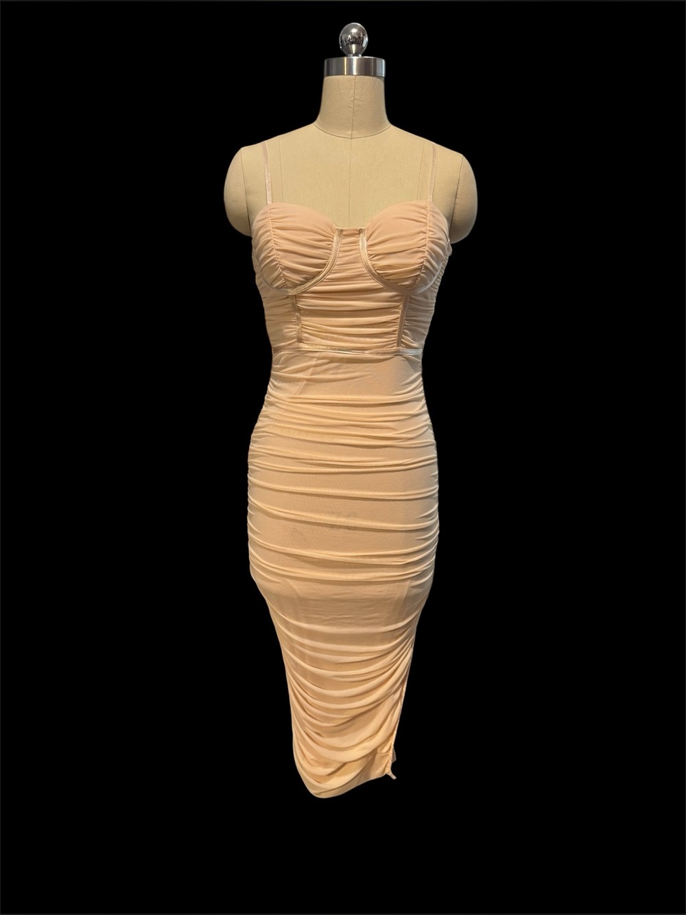 Privy Blush Ruched Bodycon Midi Dress – Size Medium